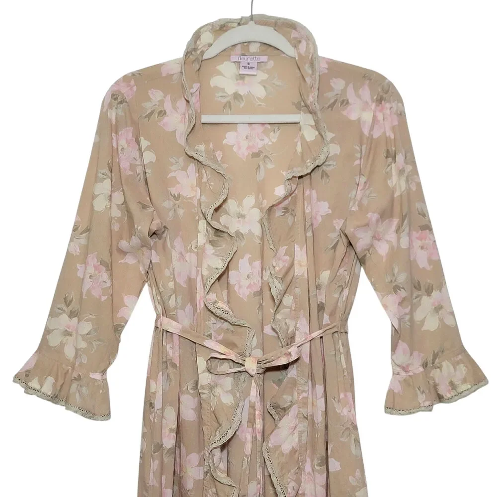 Fleurette Floral Cotton Kimono Robe Ruffle Tie Waist Maxi Beige Pink Romantic S - Picture 2 of 13